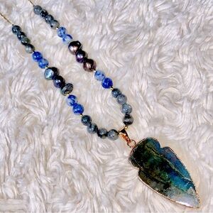 NEW 18K Gold Plated Agate Arrowhead Blue Spot Jasper Black Pearls Long Necklace